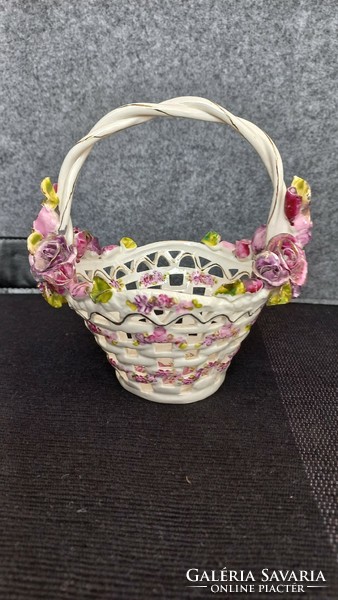 Beautiful porcelain basket, marked, handmade/painted inside and out, with plastic flower decoration