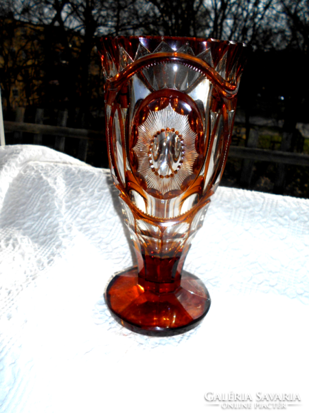 Old amber-colored glass vase-thick-heavy polished glass