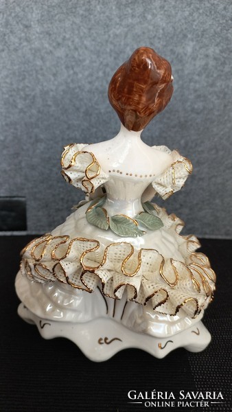 Alba iulia-coral handmade porcelain female figure in a lace-ruffled dress with flowers, marked, numbered