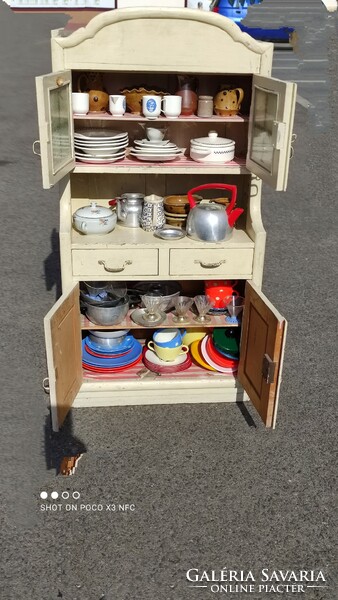 Antique old 83 cm high wooden toy kitchen furniture sideboard with complete equipment and shelves, perhaps exam work