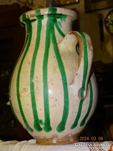 Green-striped glazed earthenware antique milk jug (sylke, jug) Csákvár