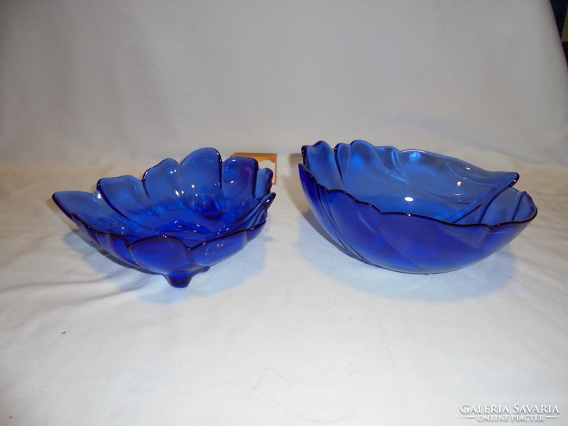 Two blue glass bowls, table serving set together - tree leaf shape
