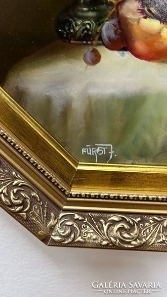 Signed József Fürst, framed 8-angled oil still life 80 cm in a decorative frame