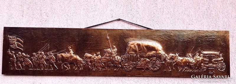 Antik réz domborműves táblakép. Vándorkereskedők a XVI. századból