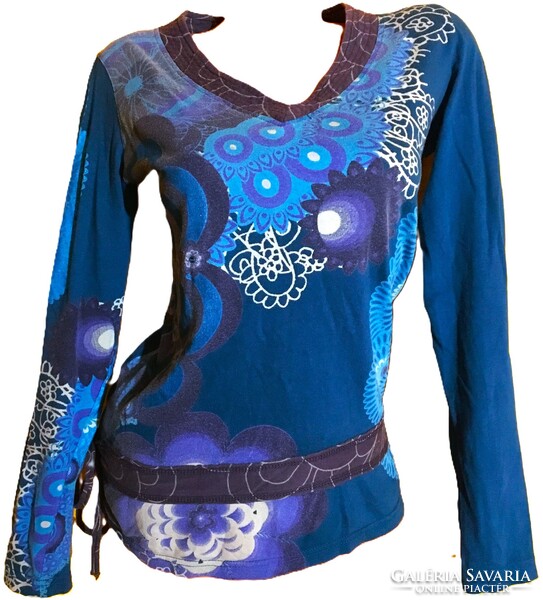 100% Cotton desigual beautiful blue silver embroidered glitter mandala floral women's top t-shirt blouse m