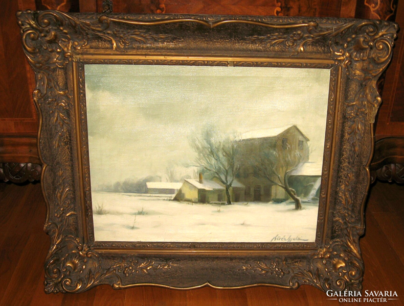 Guaranteed original Fat Gyula / 1883- / painting: snow-covered houses