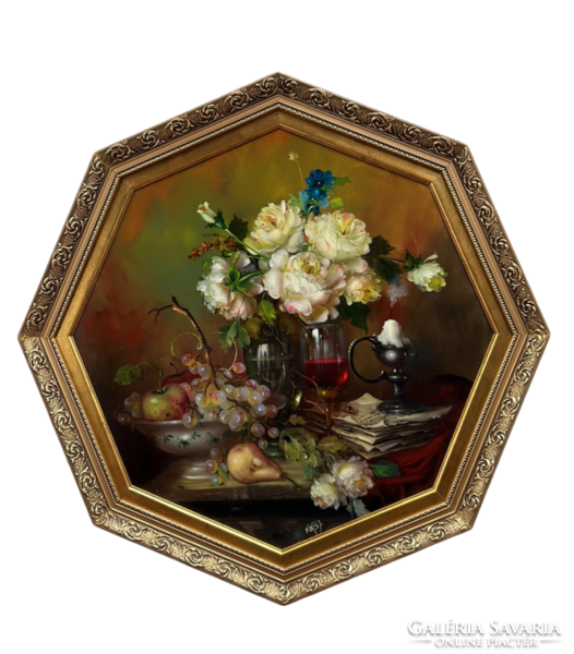 Signed József Fürst, framed 8-angled oil still life 85 cm in a decorative frame