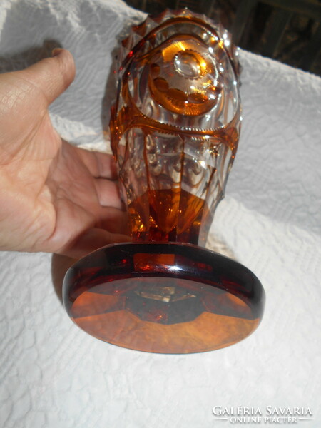 Old amber-colored glass vase-thick-heavy polished glass