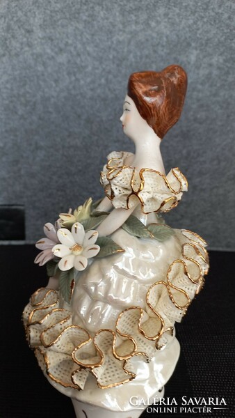 Alba iulia-coral handmade porcelain female figure in a lace-ruffled dress with flowers, marked, numbered