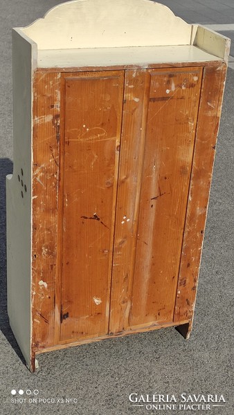 Antique old 83 cm high wooden toy kitchen furniture sideboard with complete equipment and shelves, perhaps exam work