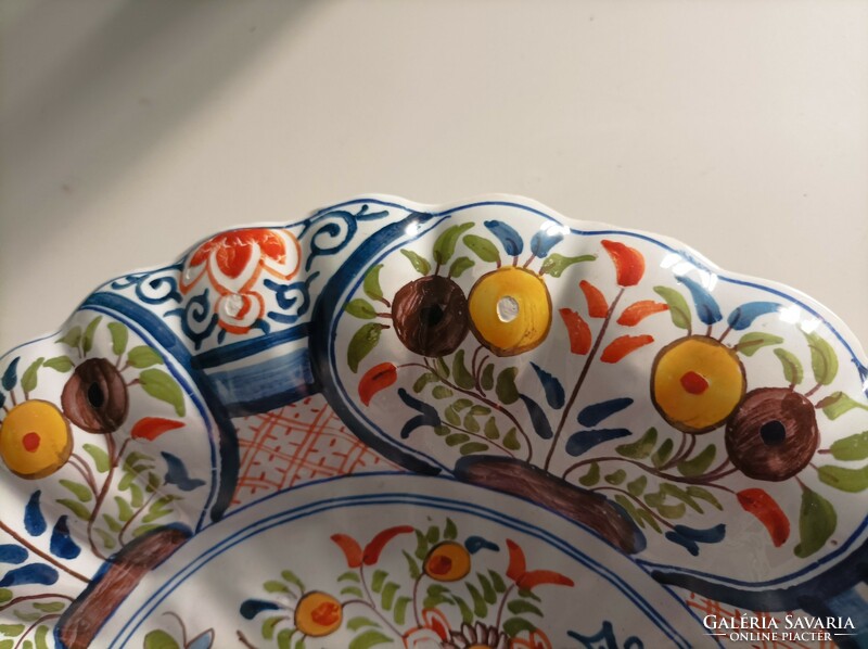 Lélegzetelállító antik Delft fajansz asztalközép ritka színes és csodaszép mintával, jelzett