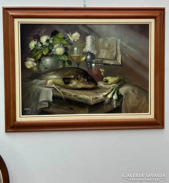 József Fürst signed, framed oil still life with fish on canvas support in a frame