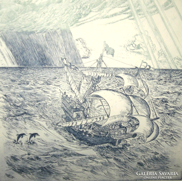 Numbered large dr. Székelyudvarhely forged Franciscan etching: at sea