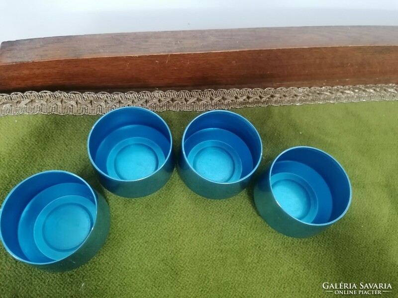 Retro metál kék fém - üveg kombinációjú kávés készlet 4 személyes