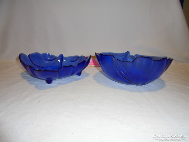 Two blue glass bowls, table serving set together - tree leaf shape