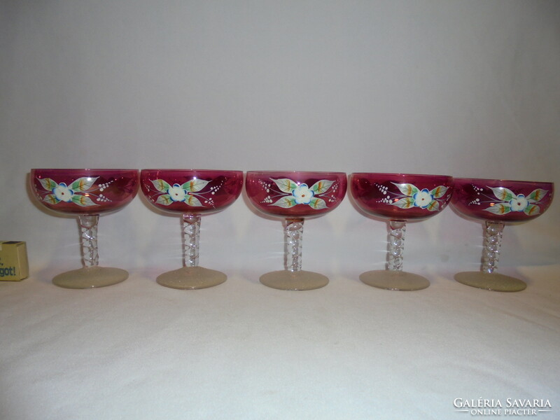 Five old, twisted-stemmed, painted glass goblets, goblet - together - crimson