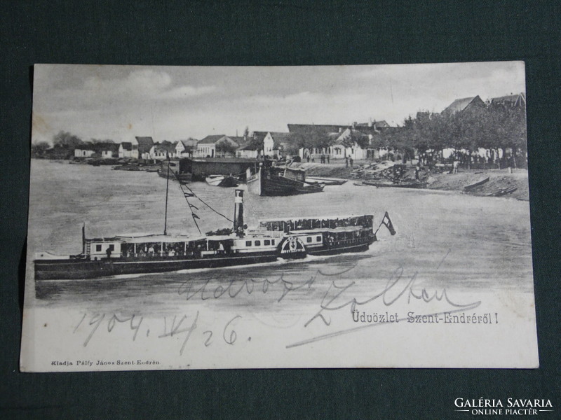 Postcard, Szentendre, Danube bank detail, fishing boat, Leányfalu paddle-wheel steamboat, 1904