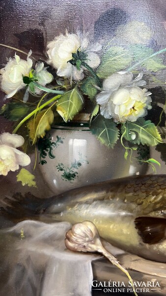 József Fürst signed, framed oil still life with fish on canvas support in a frame