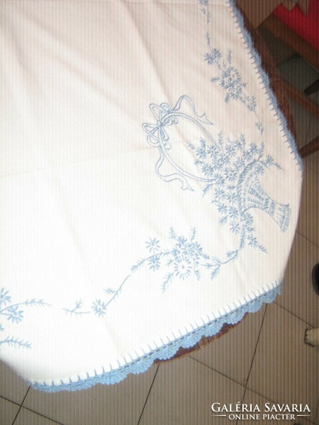 Beautiful antique light blue embroidered needlework tablecloth