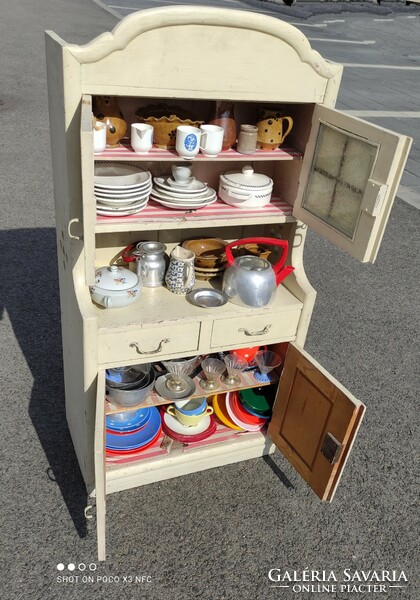 Antique old 83 cm high wooden toy kitchen furniture sideboard with complete equipment and shelves, perhaps exam work
