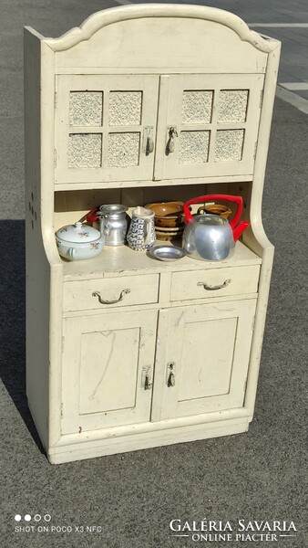 Antique old 83 cm high wooden toy kitchen furniture sideboard with complete equipment and shelves, perhaps exam work