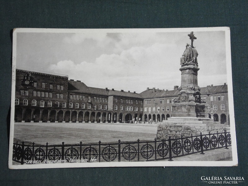 Postcard, Szeged, votive church square detail, outdoor games stamp, 1934