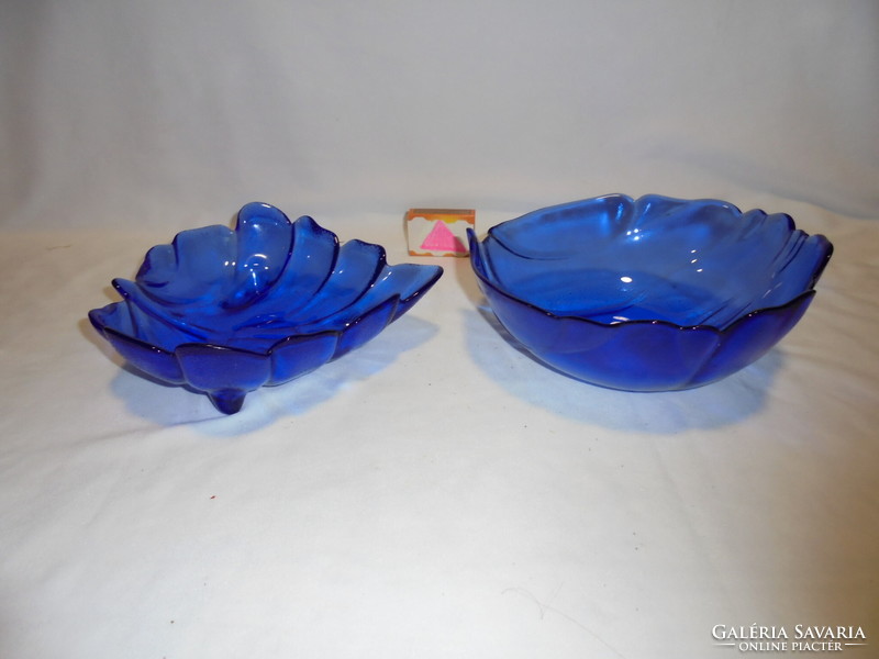 Two blue glass bowls, table serving set together - tree leaf shape