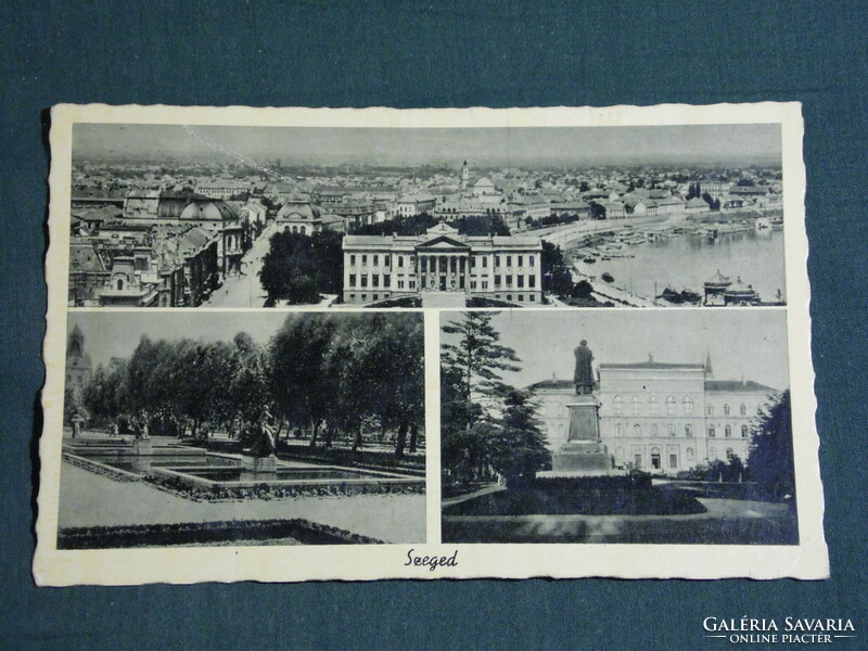 Képeslap, Szeged, mozaik részletek,egyetem, iskola,park, szökőkút, látkép ,1944