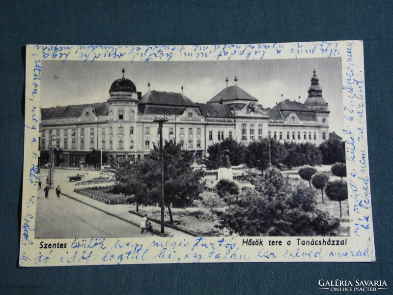 Képeslap, Szentes, Hősök tere, tanácsháza látkép ,1957