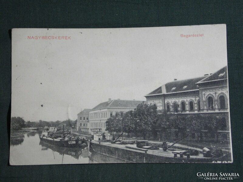 Képeslap, Nagybecskerek, Bega part részlet, uszály hajó, , 1911