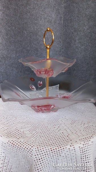 Beautiful marked waltherglass tiered serving dish with pink embossed pattern, thick glass, square,
