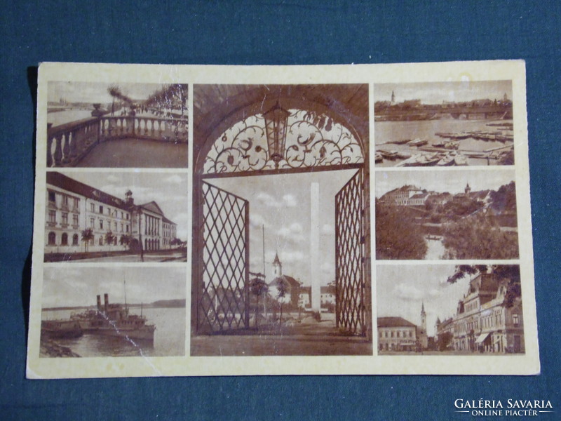 Képeslap, Baja, mozaik részletek,Sugovica part,látkép,városháza,park,1940-50