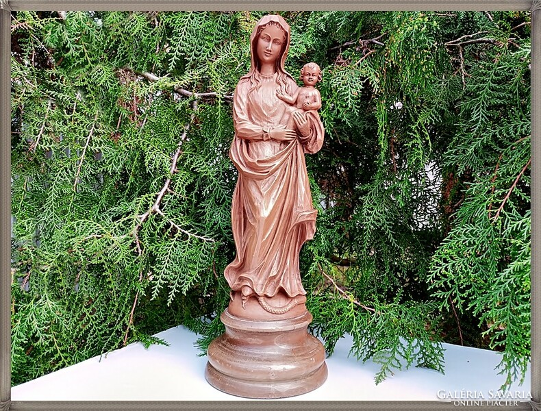 On a solid hardwood plinth, a wonderful, painted, large resin statue of the Virgin Mary with baby Jesus.
