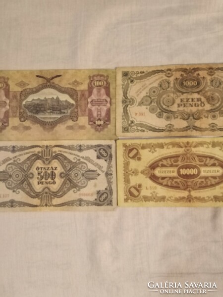 1 db 100 pengő(1930),1 db 500 pengő(1945),1 db 1.000 pengő(1945),1 db 10.000 pengő(1945)