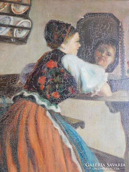 Girl in front of the mirror - oil painting, unknown artist