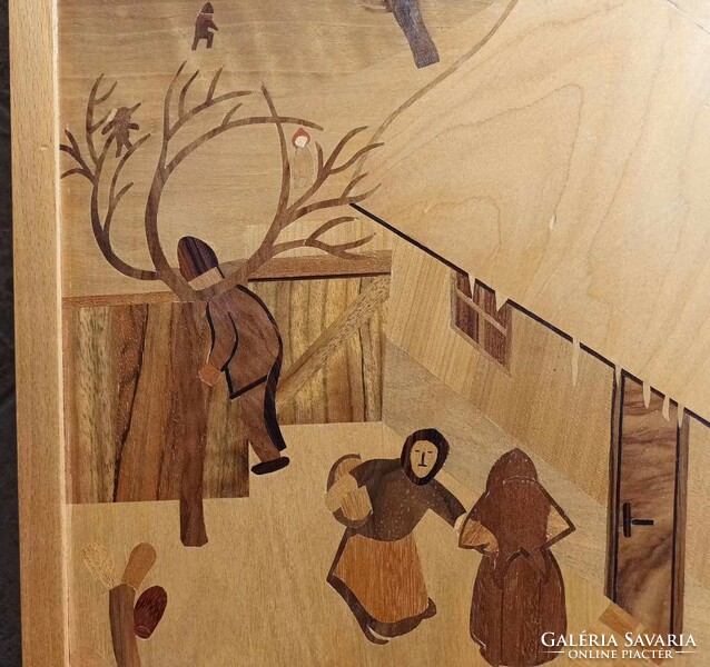 Intarziakép  - intarzia kép  Pólya Korcsolyázók télen festménye nyomán