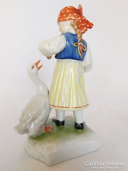 Herend hand-painted girl feeding a goose. Flawless!