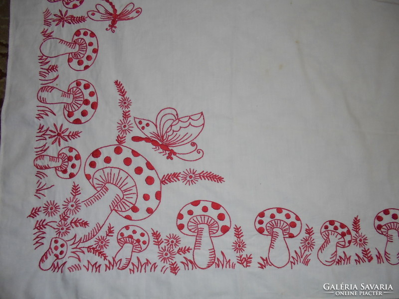 Old, hand-embroidered tablecloth, tablecloth - mushrooms, dragonflies
