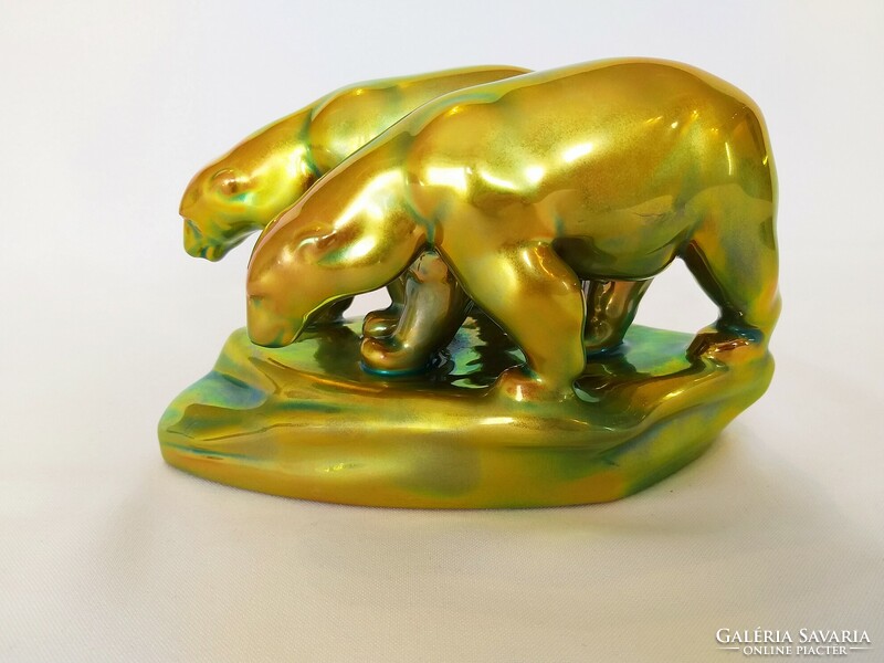 Zsolnay eosin polar bear pair, matte gold eosin color