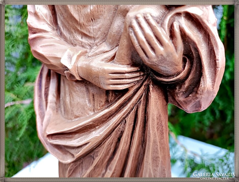 On a solid hardwood plinth, a wonderful, painted, large resin statue of the Virgin Mary with baby Jesus.