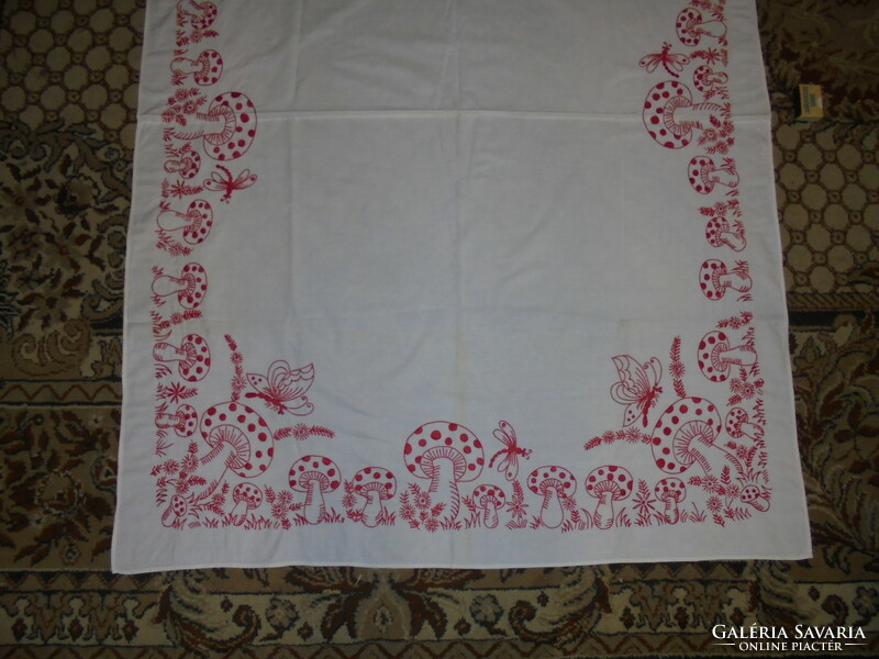 Old, hand-embroidered tablecloth, tablecloth - mushrooms, dragonflies