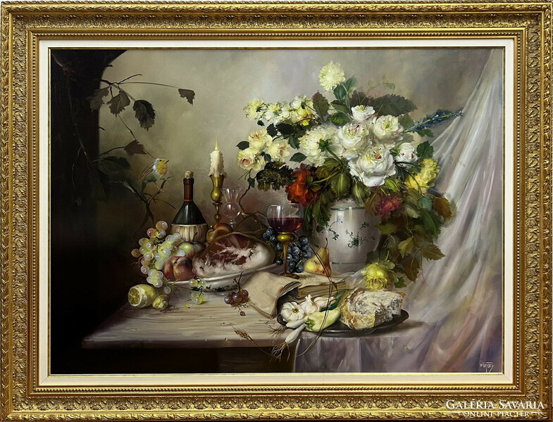 Signed József Fürst, framed large oil still life in an ornate frame