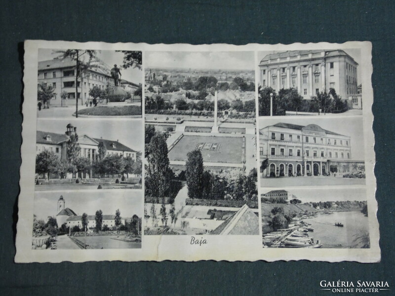 Képeslap, Baja, mozaik részletek,Sugovica part,látkép,szálloda,városháza,park,1940-50