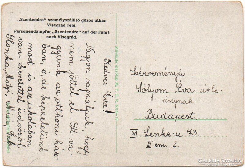 C - 272  Futott képeslap  "Szentendre" személyszállító gőzös útban visegrád felé