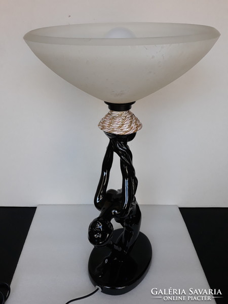 Art deco kerámia fekete nőalakos olasz asztali design lámpa