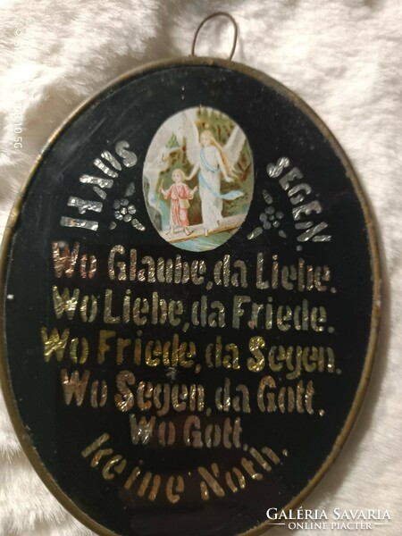 Századeleji régi házi áldás, festett üveg németül fellelt szép állapotban