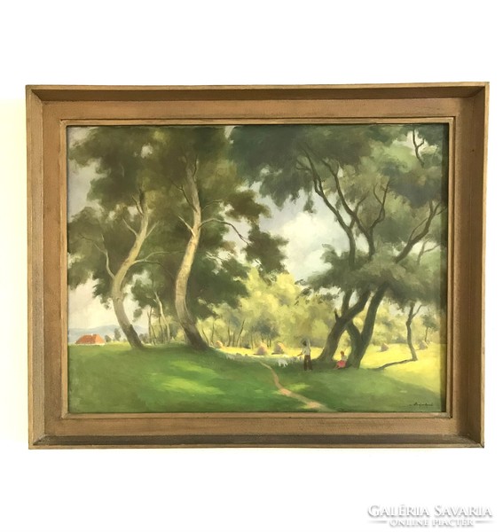 Bajor Ágost (1892-1958) summer afternoon oil canvas landscape painting (89 x 68 cm) in a wide wooden frame
