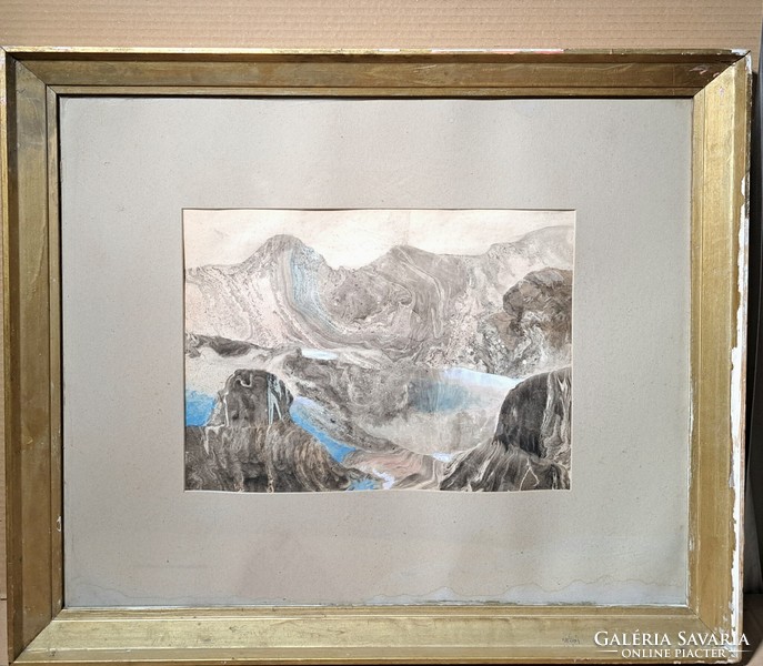 Endre Marsovszky: Austria (ink-watercolor) with the label of the creative community of István Szőnyi - mountain landscape