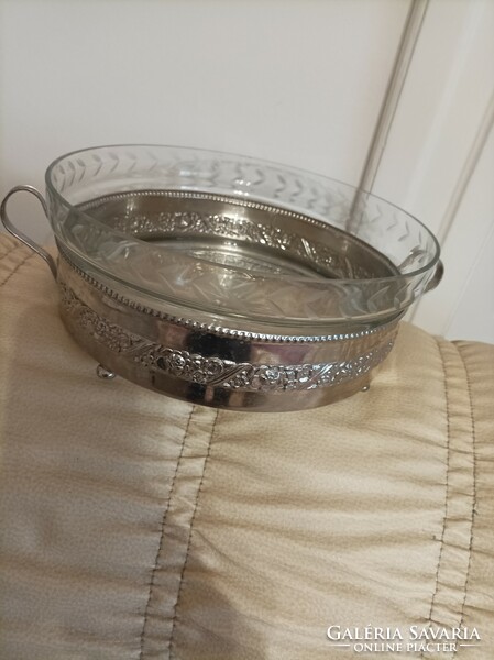 Metal bowl with glass insert, centerpiece, serving bowl,