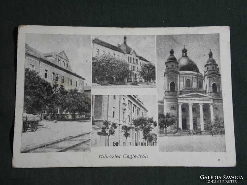 Postcard, brick, mosaic details, cathedral, town hall, school, 1940-50